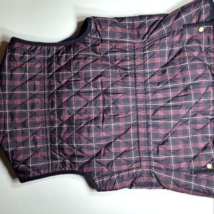 TALBOTS Womans M PETITE dark blue maroon plaid sleeveless vest zip up, pockets